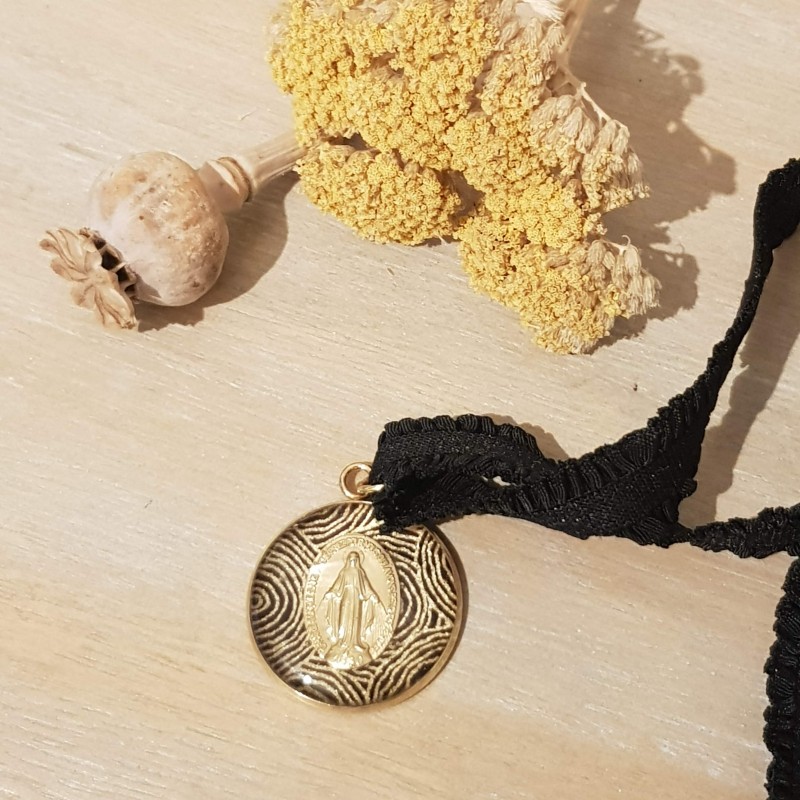 Collier de chien médaille miraculeuse doré et noir